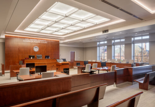 Interior view of one of the courtrooms in the Delaware County Courthouse Complex in Delaware, Ohio.