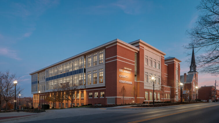 Exterior view of the Delaware County Courthouse Complex in Delaware, Ohio.