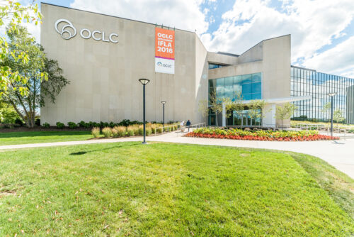 Exterior photo of the OCLC Atrium in Columbus, Ohio. 