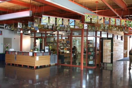 Interior view of the Grange Audubon Center in Columbus, Ohio. A single-story building with stone exterior and a lobby with glass walls.