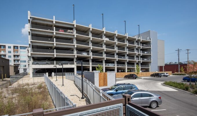 Exterior photo of the parking garage at The View on Fifth in Columbus, Ohio.