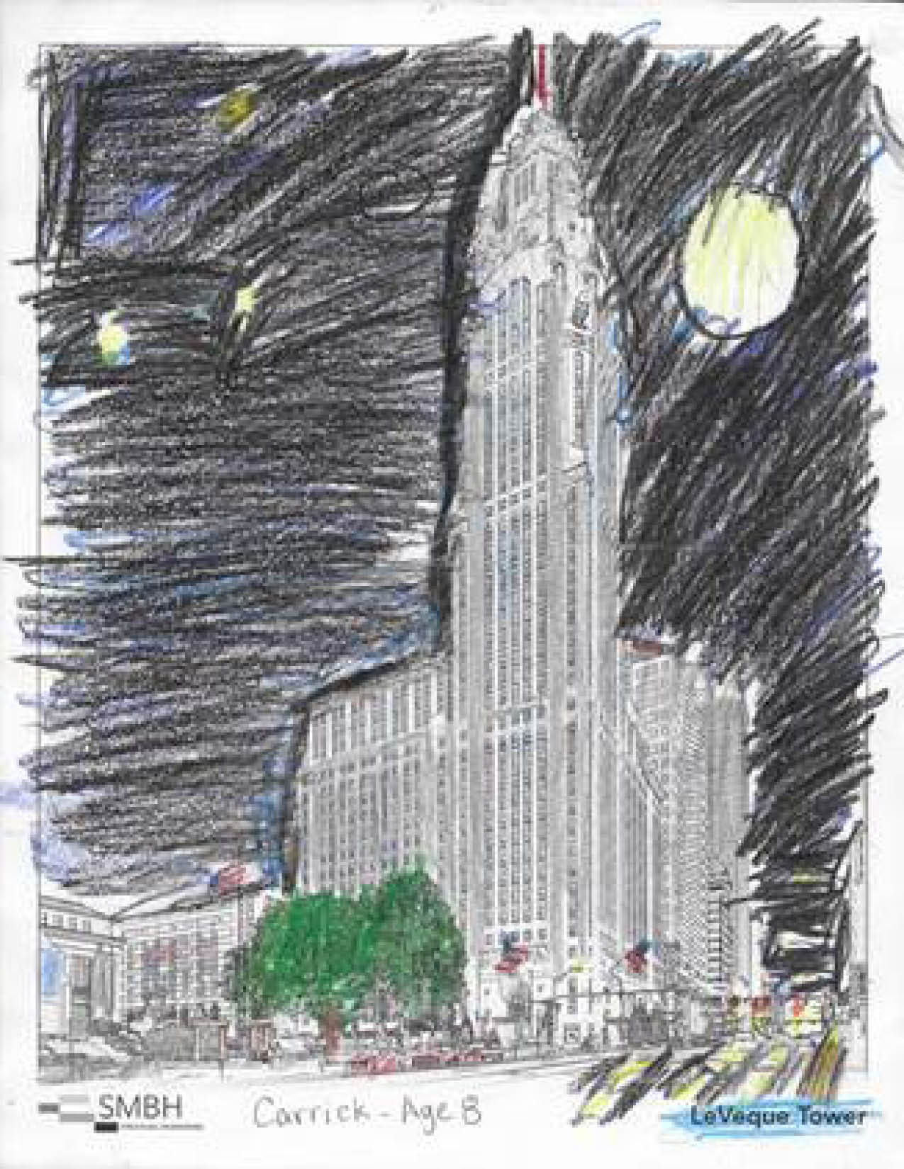 Colored page of the LeVeque Tower in Columbus, Ohio. Done by Carrick (10 & Under Winner)