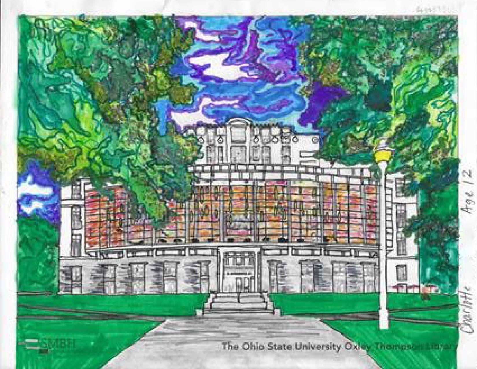 Colored page of the OSU Oxley Thompson Library in Columbus, Ohio. Done by Charlotte(11-15 Winner)