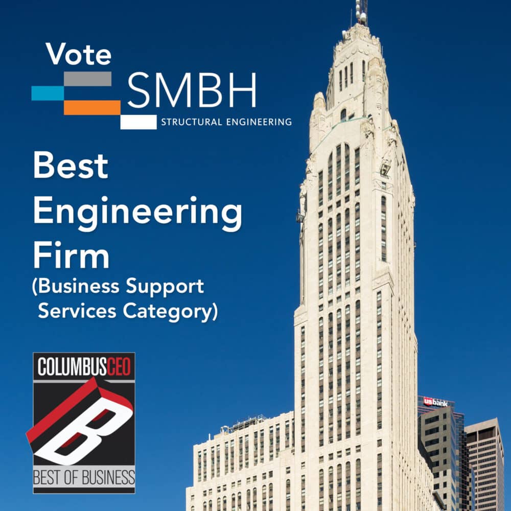 Photo of LeVeque Tower in Downtown Columbus, with copy stating "Vote SMBH Best Engineering Firm (Business Support Services Category)!