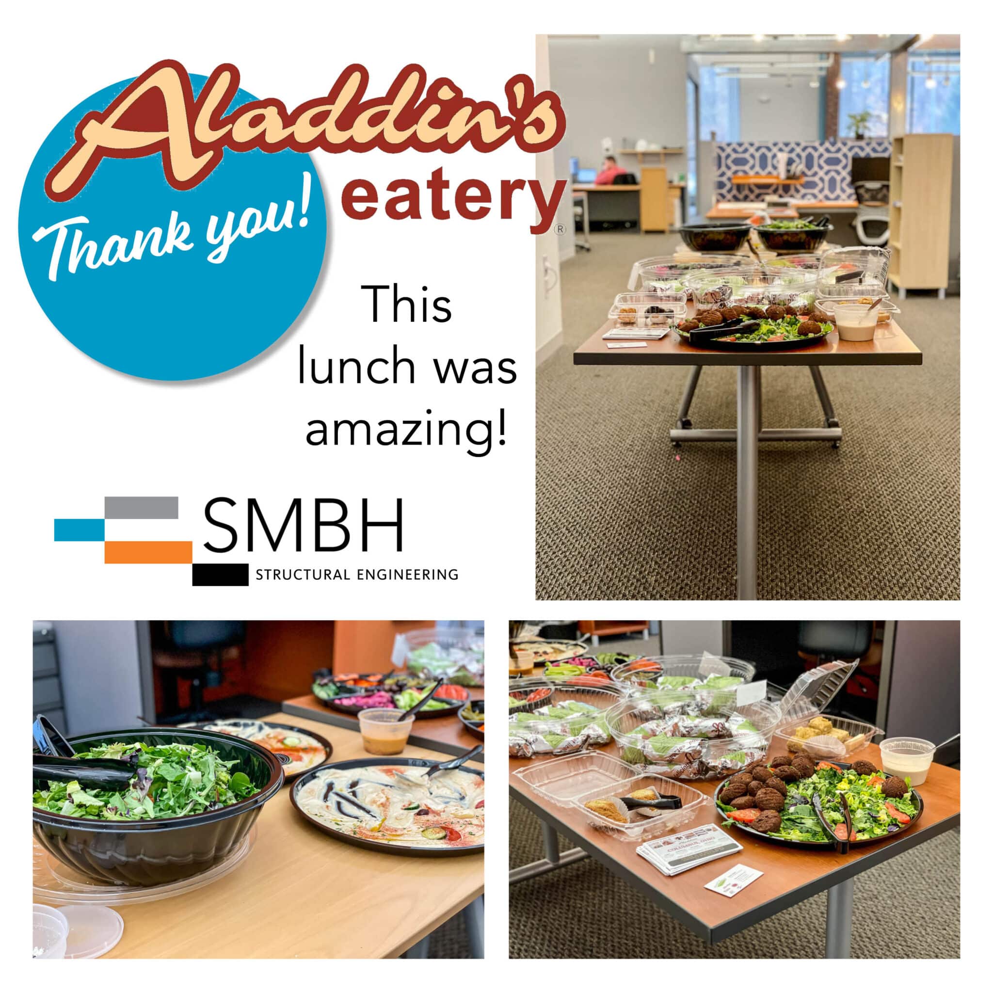 A series of images showing a catered lunch on tables in the SMBH office. Aladdin's of Grandview provided the food shown.