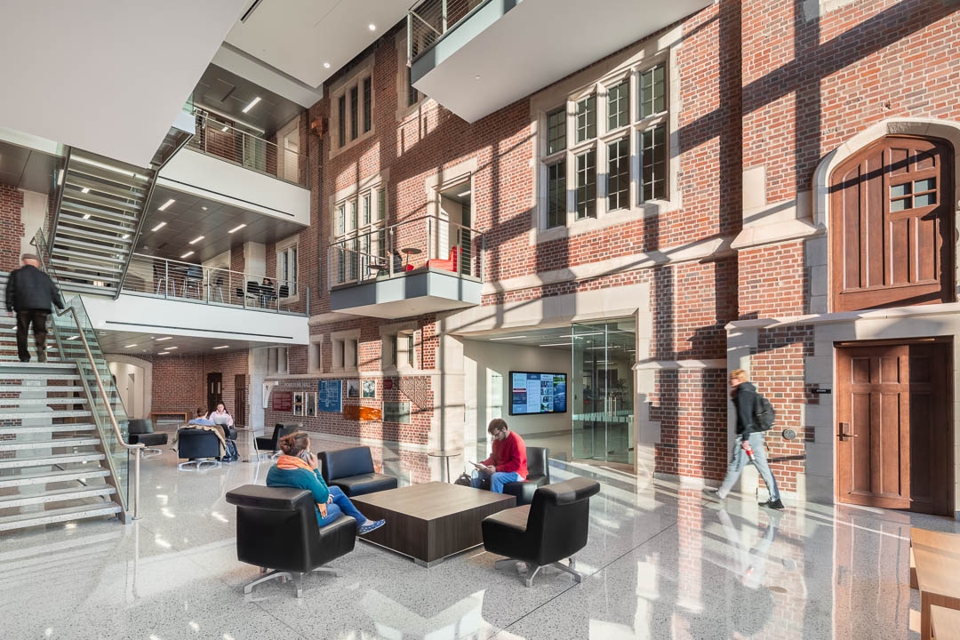 Interior photo of open work and common spaces inside renovated Pomerene Hall on The Ohio State University's main campus in Columbus, Ohio.
