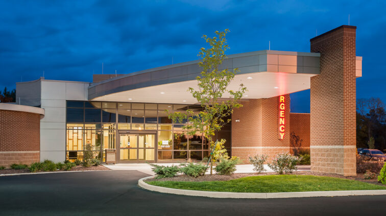 Exterior photo of the Wyandot Memorial Hospital Addition at night.