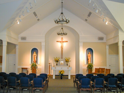 Interior photo of Mother Angeline McCrory Manor, a nursing and assisted living facility in Columbus, Ohio. Features a view of the chapel.