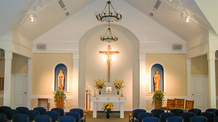 Interior photo of Mother Angeline McCrory Manor, a nursing and assisted living facility in Columbus, Ohio. Features a view of the chapel.