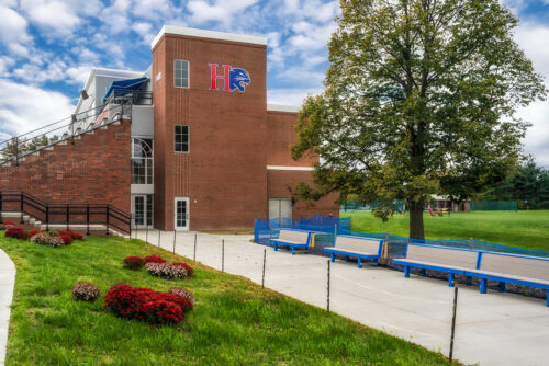 An Exterior image of the Hanover College Stadium, which is mostly brick.
