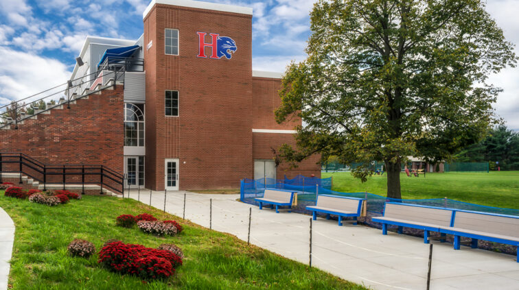An Exterior image of the Hanover College Stadium, which is mostly brick.