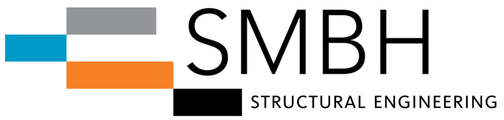 The SMBH, Inc. Logo. Consists of 4 bricks stacked and cantelevered. Colors from left to right are light blue, gray, bright orange, and black next to the text SMBH Structural Engineering in a thin, san-serif font.