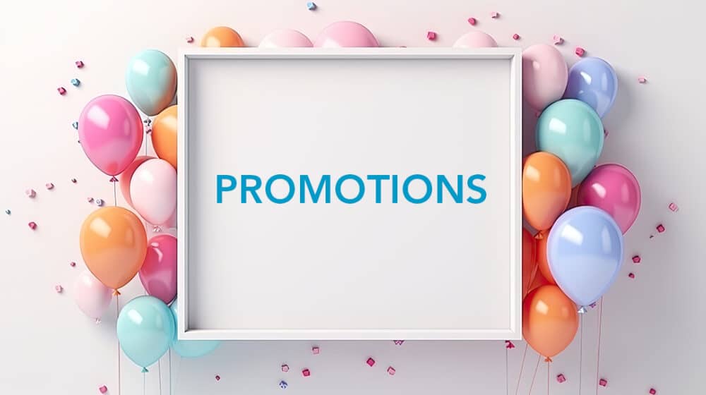 A white canvas that says, "Promotions," in a white frame and surrounded by balloons and confetti on a white background