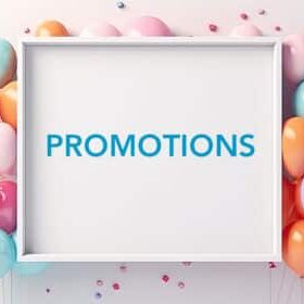 A white canvas that says, "Promotions," in a white frame and surrounded by balloons and confetti on a white background